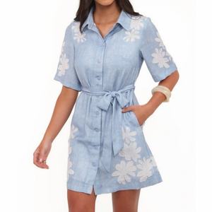 Nuevo Vestido Camisero de Lino con Cinturón y Bordado Floral para Mujer, Vestido Mini Casual de Manga Corta con Botones - Product Image 1