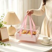 Boîte à emporter rectangulaire pliable rose à 2 compartiments avec couvercle transparent et corde de transport pour pain, cupcakes, beignets, biscuits, mochi et toutes les pâtisseries