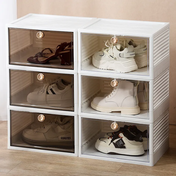Grosir kotak sepatu dapat dilipat multifungsi kotak penyimpanan sepatu plastik dapat ditumpuk untuk tampilan Sneaker