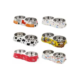 100% Melamine Double Pet Bowl Stainless Steel Pet Dog Double Food Bowl Pet Bowl With Water Bottle