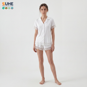 SUHE Custom Women's Summer 2-Piece Pajamas Breathable Quick Dry V-neck Short Sleeve <b>Lace</b> Modal <b>Elastic</b> Waist Closure High Rise - Product Image 1