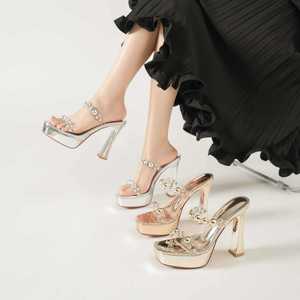 Sandales à talons compensés pour femme, plateforme, talon épais, bout ouvert, strass, bride arrière, tendance mode, couleur unie 9696-10 - Product Image 2
