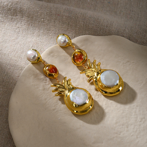 Orecchini Pendenti Placcati Oro alla Moda con Perla Naturale a Forma di Ananas e Vetro Ambrato, <span class=keywords><strong>Gioielli</strong></span> di Tendenza per Donne, Ideali per la Vendita all'Ingrosso - Product Image 6