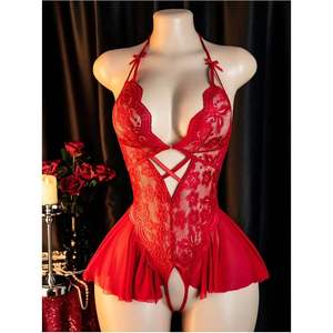 Body en dentelle personnalisé pour femme, col en V profond, dos nu, sexy, extensible, une pièce, lingerie découpée, babydoll à volants - Product Image 4