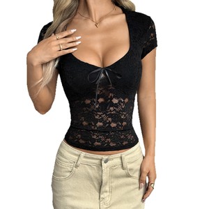 T-Shirt da Donna Y2K Glam Carina a Tinta Unita con <span class=keywords><strong>Pizzo</strong></span> e Maniche Corte Primavera/Estate 2026 Autunno 2025 - Product Image 5