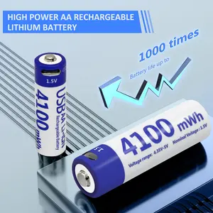 Bateria de célula reutilizável com porta de carregamento USB, bateria cilíndrica de íon de lítio tipo C de 4100mwh 1.5V AA