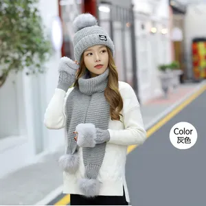 Шапка перчатки шарф набор шерстяная шапка женская Милая зимняя плотная теплая женская зимняя вязаная шапка