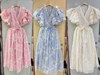 Robe de soirée midi pour femme, vente en gros d'usine, manches évasées, col en V, broderie florale, volants amples, pour l'été et les fêtes, taille 2XL