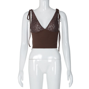 Cuello en V profundo Sexy Hottie Backless Slim Sexy Micro-elástico Color sólido Top corto de encaje con tirantes para mujer - Product Image 1