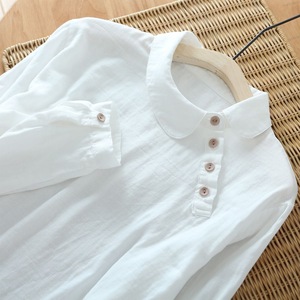 White Peter Pan Collar Long Sleeve Shirt Cotton Linen Retro Solid Color Top Everyday Wear Women's Blouse - Product Image 3