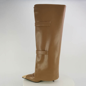 Women's Metal Pointed Toe Knee High <b>Boots</b> Ladies Buckles High Heels Overlay Shoes Front Zipper Pants Long Booties - Product Image 6