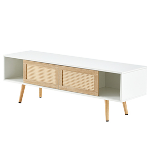 Rattan TV Cabinet 55.12 In Double <b>Sliding</b> Doors Adjustable <b>Shelf</b> Solid Wood Legs Living Room Console - Product Image 5