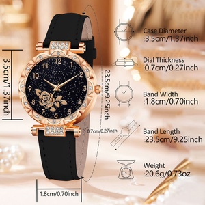Ensemble de montres élégantes pour femmes, ensemble de bijoux à fleurs rouges, montre-bracelet à quartz pour femmes, collier, boucles d'oreilles, bague, ensemble cadeau - Product Image 6