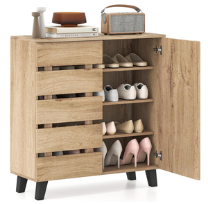 <span class=keywords><strong>Meuble</strong></span> à chaussures en bois à 4 niveaux avec porte à lattes et étagères amovibles – Armoire de rangement gain de place pour couloir - Product Image 1