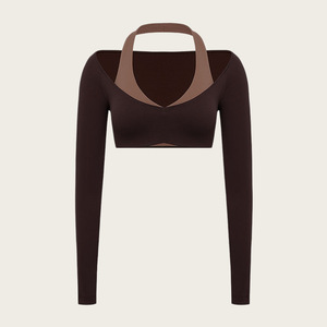 Haut <span class=keywords><strong>de</strong></span> sport deux pièces color block pour femme, à manches longues et col licou, idéal pour le Pilates et le yoga, coupe ajustée, anti-transpiration et infroissable, pour le fitness - Product Image 6