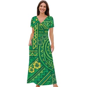 Abito a manica corta con Design polinesiano a basso MOQ con tasche da donna con scollo a V allentato abito da festa da spiaggia all'ingrosso - Product Image 1