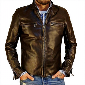 BS International Blouson de motard unisexe en toile imperméable et cuir véritable, marron foncé, tendance hiver, éco-responsable - Product Image 2