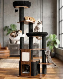 Modern Indoor <strong>cat</strong> Tree Tower Large <strong>cat</strong> <strong>Climbing</strong> <strong>Frame</strong> with Grab Posts and Perches Black Style Solid Construction and Stability - Product Image 5