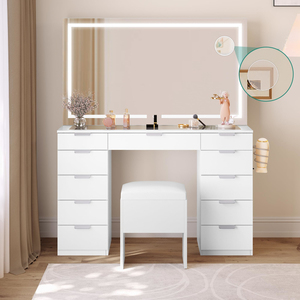 Factory Direct <b>Vanity</b> Desk Transparent Glass Top Makeup <b>Table</b> with 11 Drawers Power Outlet for Bedroom - Product Image 3