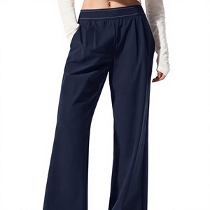 Pantalones Anchos Azul Marino para Mujer, Cintura Alta, Elásticos, Corte Holgado, Casuales, Largos, de Satén, con Bolsillos - Product Image 1