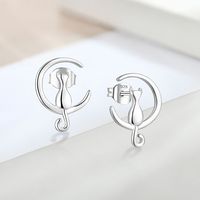 Boucles d'oreilles en argent Sterling 925 faites à la main avec chat sur la lune pour femmes, bijoux d'oreille simples de Style coréen