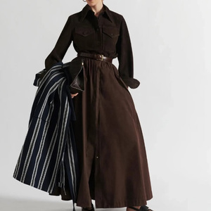 Conjunto de Vestido Maxi Estilo Camisa Marrón Personalizado con Cinturón y Abrigo a Rayas Azul Marino, Estilo Vintage Informal <span class=keywords><strong>para</strong></span> Uso Diario - Product Image 1