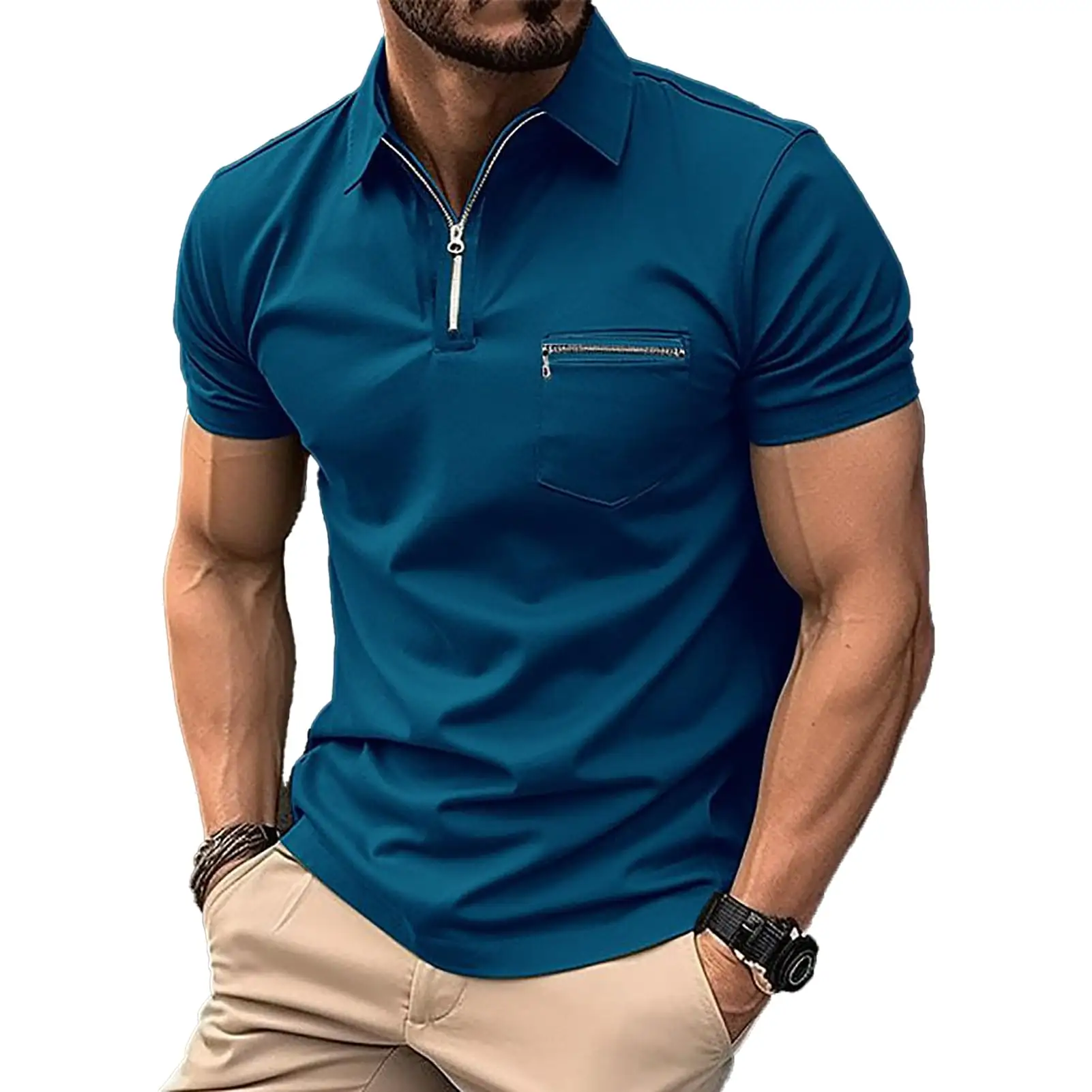 High Quality Custom Men's POLO Shirt with Floral Pattern Short Sleeve and Chest Zipper Pocket Knitted Fabric Digital Printing