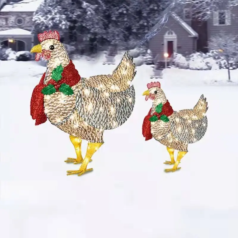 2021 Amazon vendita calda decorazione natalizia Light-Up <span class=keywords><strong>pollo</strong></span> in metallo con sciarpa per la decorazione del giardino