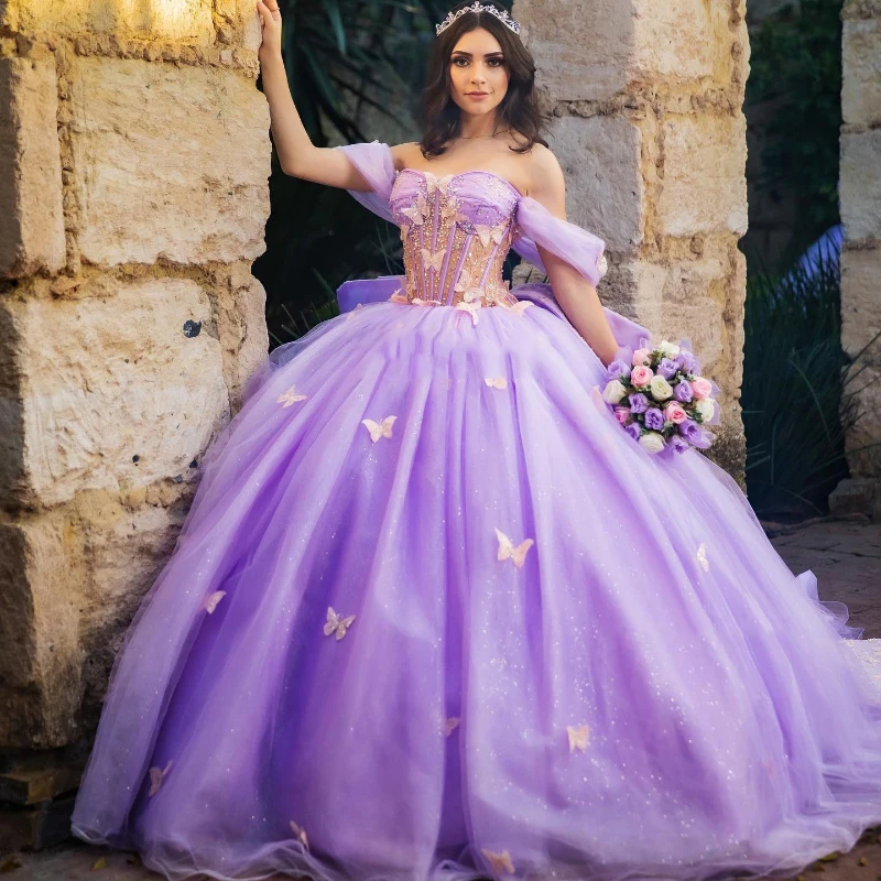 Mily Bridal MQ098 Plus Size Off Shoulder Quinceanera Dresses Ball Gown Lace  Bow with Butterfly Mexican Sweet 16 Prom Dress| Alibaba.com