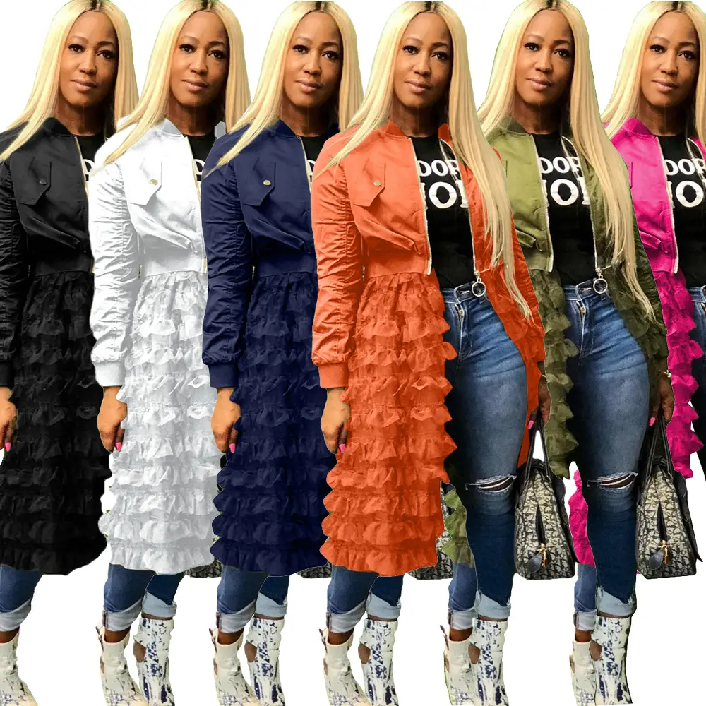 Plus size 2022 women's clothing Stylish zipper solid color jacket + mesh lace skirt coat jacket winter coats denim tops jacket