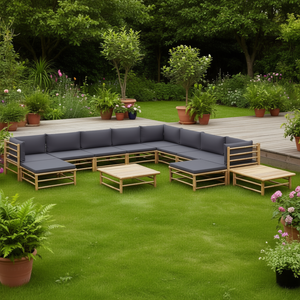 Ensemble de salon de jardin en bambou gris foncé, tissu 100% polyester, canapé d'extérieur avec coussins, design contemporain, mobilier de jardin durable - Product Image 2