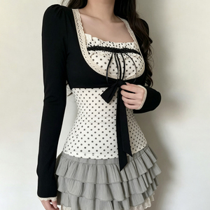 Sweet girly bow polka dot <b>white</b> strapless lace spliced tie front <b>cropped</b> <b>long</b> <b>sleeve</b> cardigan <b>top</b> set - Product Image 5