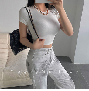 Camiseta Corta de Verano para <span class=keywords><strong>Mujer</strong></span> <span class=keywords><strong>al</strong></span> <span class=keywords><strong>por</strong></span> <span class=keywords><strong>Mayor</strong></span>, Estilo Básico, 10 Colores, Estilo Corto con Ombligo Expuesto, Elástica, Ajustada, de Manga Corta, Dulce - Product Image 6