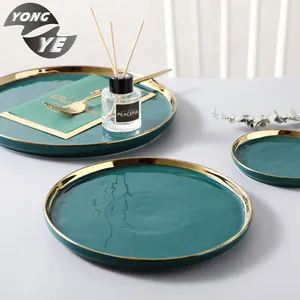 European style gold side green color stackable tableware dinner ceramic plates set of three