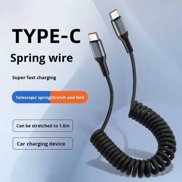 100W Dual-Head Type-C Fast Charging Retractable Spiral PD Car Charger with 6A for Mobile Phone