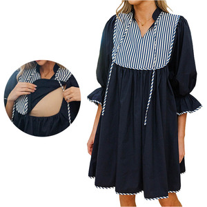 ชุดเดรสให้นมบุตรลายทางแบบเย็บปะติดปะต่อ แขนสามส่วน คอวี สวมใส่สบาย ทร<span class=keywords><strong>ง</strong></span>หลวม ยาวระดับเข่า ระบายอากาศได้ดี ชุดเดรสสำหรับคนท้อ<span class=keywords><strong>ง</strong></span> - Product Image 3