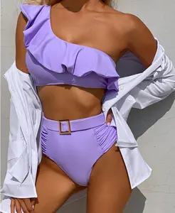 2022 Neuestes Design One Shoulder Zweiteiliger Badeanzug Bikini Nylon High Waist Solid Color Beach Swimwear