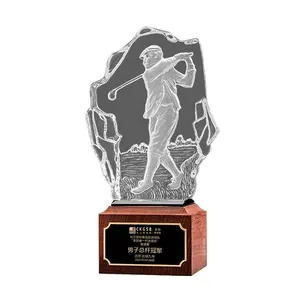 Neues Design Hochwertiger Casting Crystal Glass Trophy Golf Trophy Award mit Holz sockel