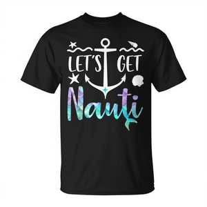 T-shirt de enterrement de vie de jeune fille Let's Get Nauti Mermaid, design nautique, chemise noire - Product Image 2