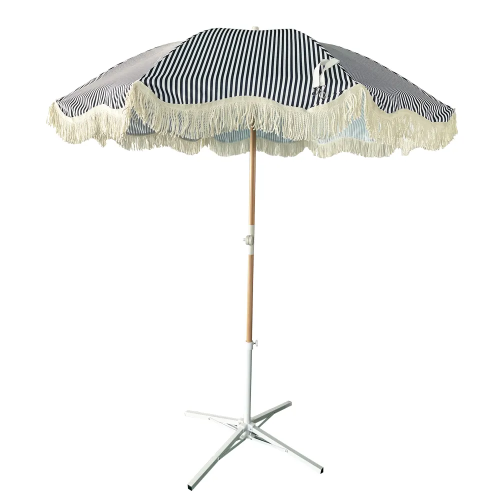 2M UV 50 220G Polyester Sonnenschirm Regenschirme Outdoor Blau und Weiß Streifen Echtholz Sonnenschirm Rahmen Mit 11CM Quasten