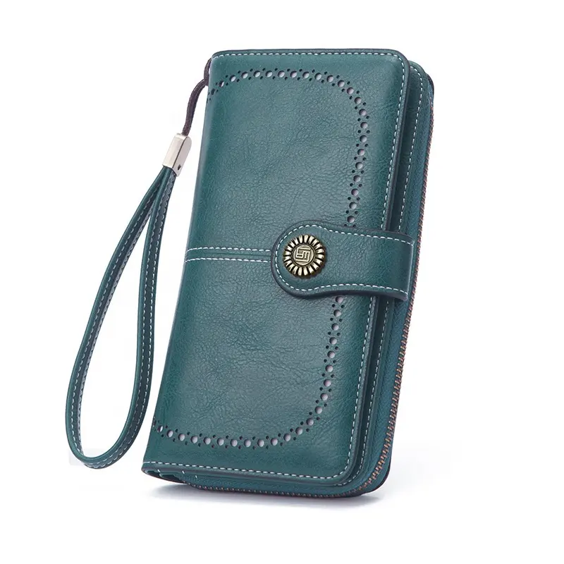 Mềm PU Leather Wallet đối với phụ nữ hoa nút Hollow ra thiết kế công suất lớn du lịch dài ví