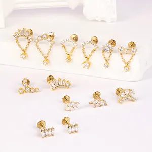 POENNIS anting-anting tindik Helix lapis emas 18K perhiasan tindik wanita kancing dengan rantai Tautan anting-anting tindik