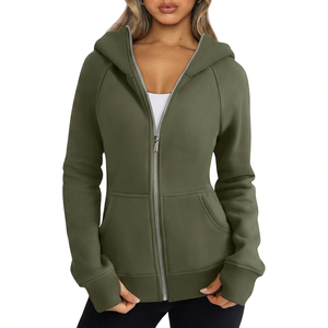 Sudadera con Capucha y Cierre Completo para Mujer, Corte Regular, Color Sólido, Tejido de Algodón y Fibra de Bambú, Ropa de Otoño - Product Image 1