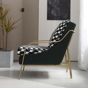Fauteuil individuel en velours vert foncé avec tissu à carreaux noir et blanc, fauteuil de salon, chaise de salon avec rembourrage en mousse souple - Product Image 3