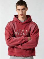 Sweat à capuche vintage pour homme, effet vieilli, ourlet effiloché, imprimé craquelé, lettres en strass