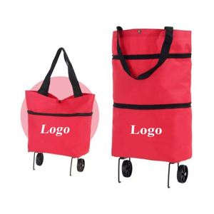 Custom Logo Screen Printed Oxford Cloth Foldable <b>Shopping</b> Cart <b>Trolley</b> Bag with Wheels Household Use - Product Image 1