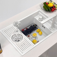 Évier de cuisine compact en acier inoxydable blanc, avec lave-tasses intégré invisible, multifonction, à cuve unique