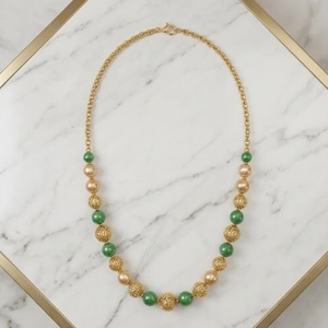 Antique 925 Silver <b>Necklace</b> with Green Beads Pearls Long Chain Mala <b>Statement</b> Jewelry for Women Wedding Party Gift Traditional - Product Image 2