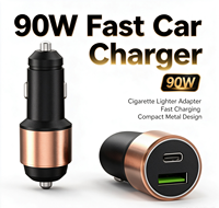 Chargeur de voiture mini en alliage d'aluminium 90W en gros, double ports USB-A/USB-C, charge rapide QC3.0 PD, protection OTP/OCP, accessoires automobiles