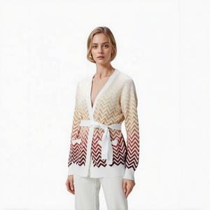 Women's Breathable Vintage Striped Knit <b>Cardigan</b> Long Sleeve V-Neck Open-Front Sweater <b>with</b> Self-Tie <b>Belt</b> Spring - Product Image 1